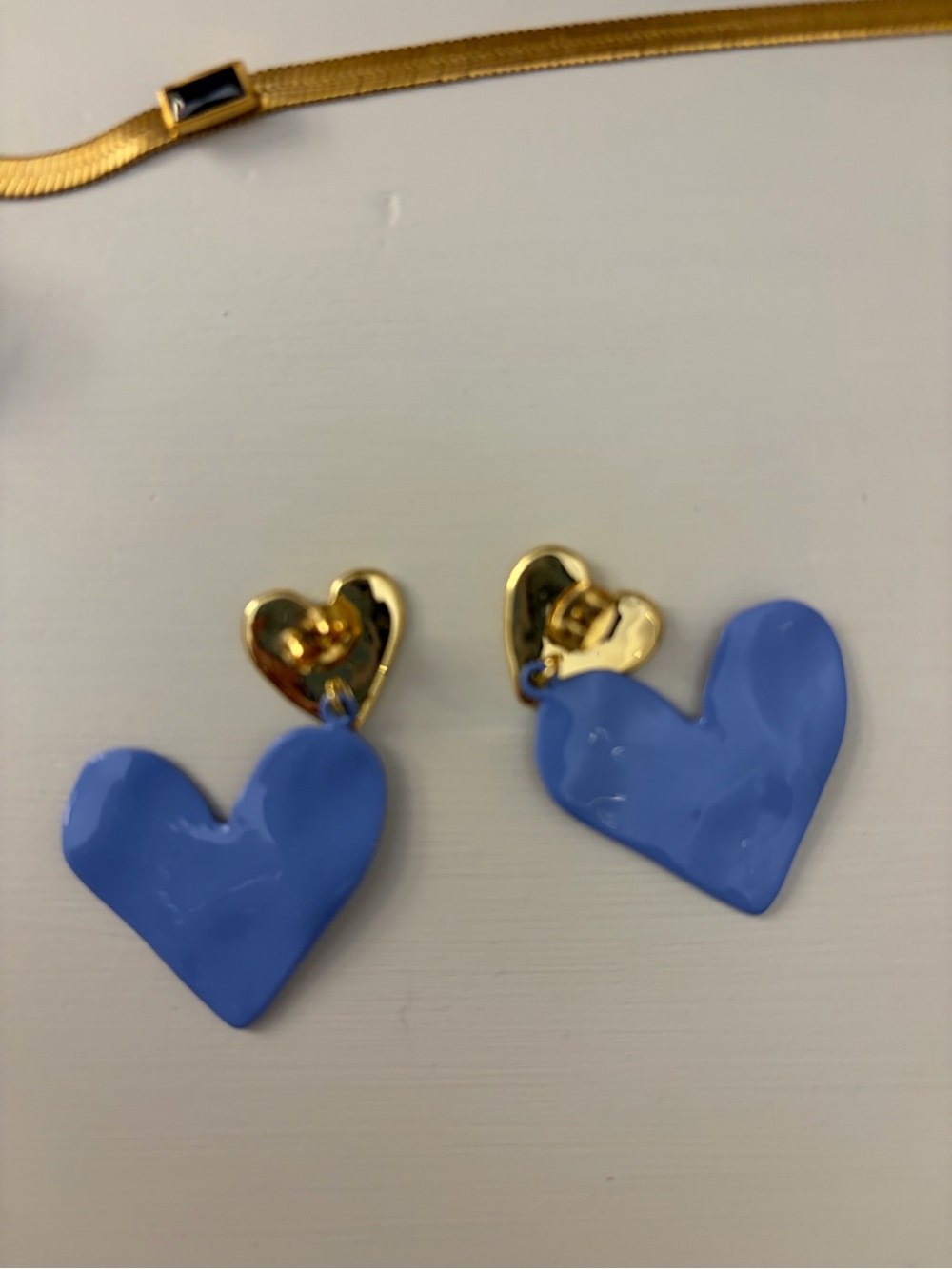 Gold Heart Stud Earrings with Blue Heart Drops